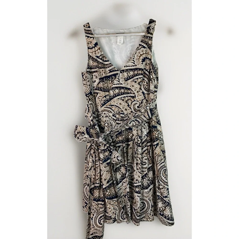 J. Crew Womens 0 Ivory Black Gold Paisley Sleeveless Pleated Fit and Flare Dress